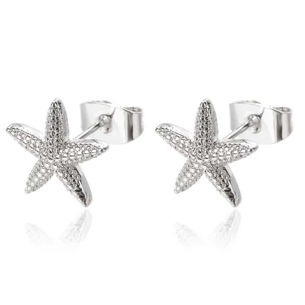 Textured Starfish Silver Toned Stud Earrings - Picture 1 of 1